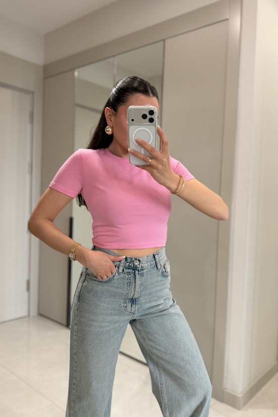 Seize Pembe Basic Slim Fit Crop Bluz