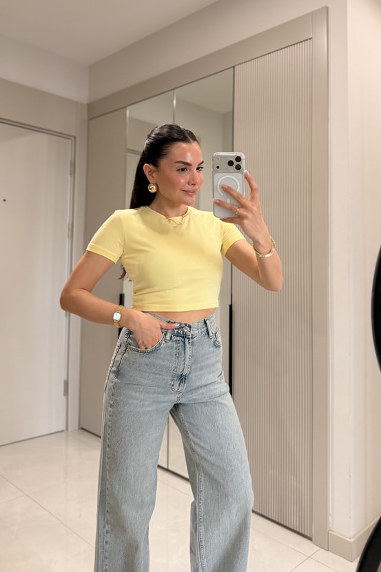 Seize Sarı Basic Slim Fit Crop Bluz