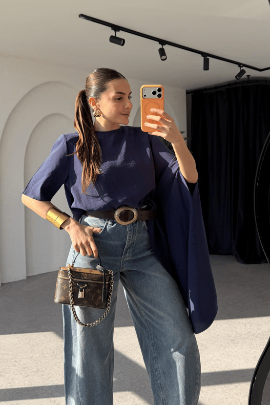 Sendy Lacivert Asimetrik Kesim Tencel Bluz