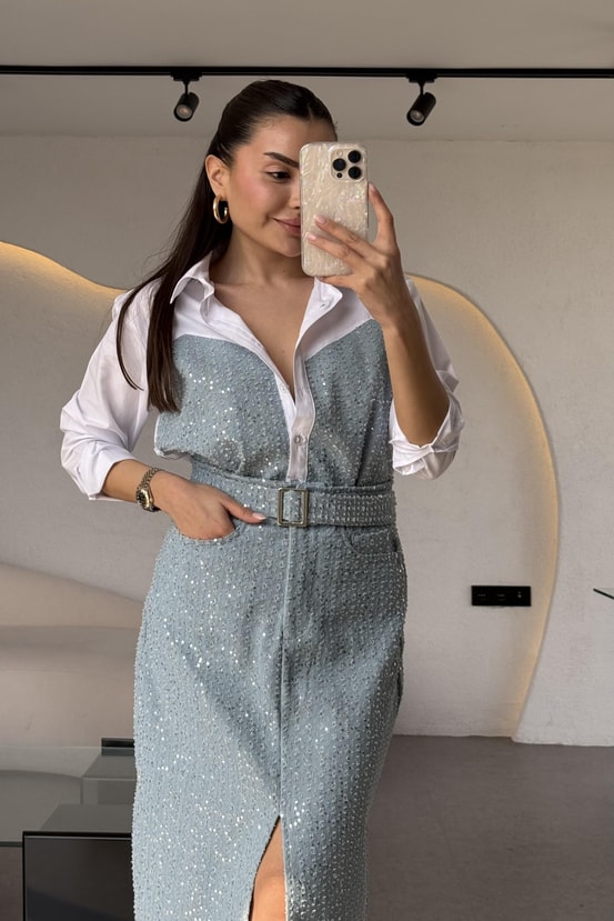 Sofia Mavi Payetli Poplin Gömlek