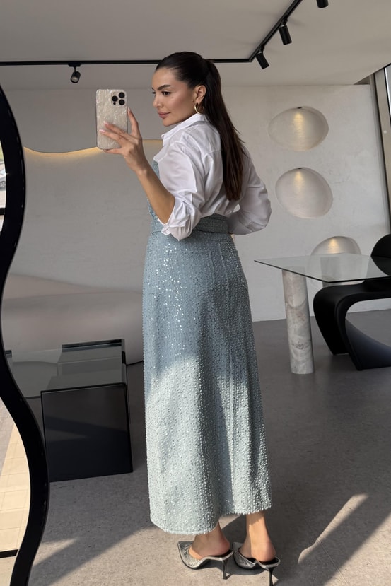 Sofia Mavi Payetli Poplin Gömlek