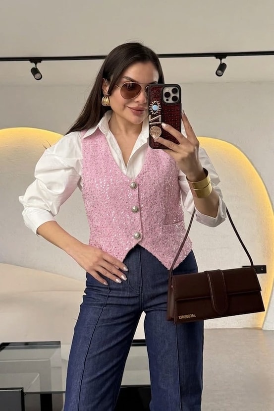 Sofia Pembe Payetli Yelek