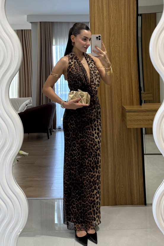 Stormi Degaje Leopar Uzun Elbise