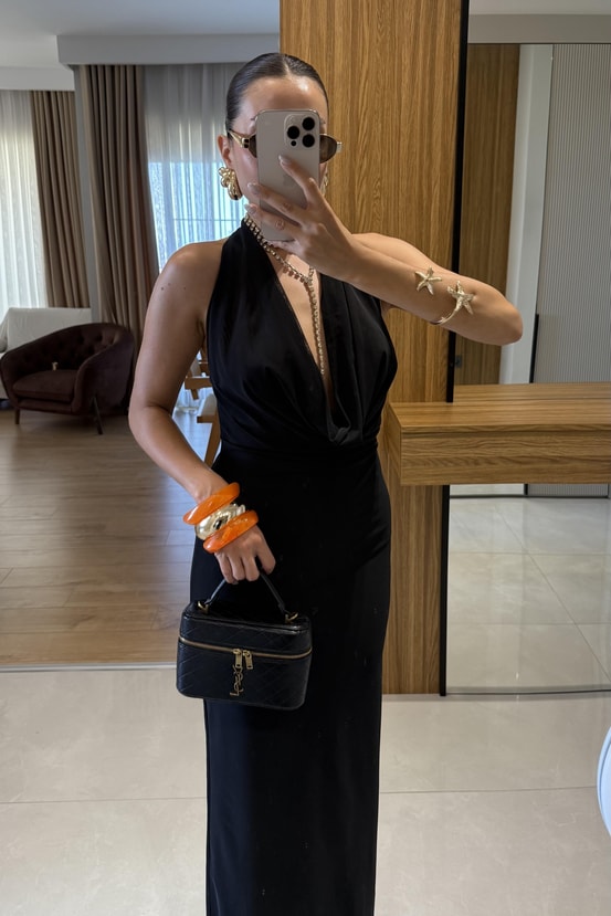 Stormi Degaje Siyah Uzun Elbise