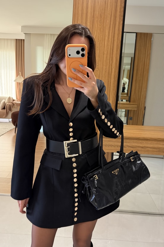 Taylor Siyah Gold Düğmeli Blazer Elbise
