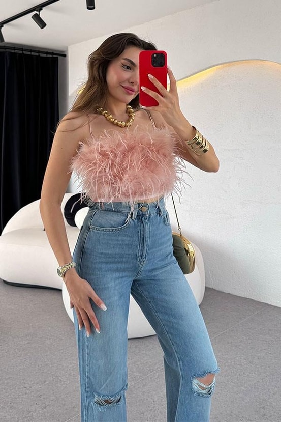 Tendai Toz Pembe Tüylü Crop