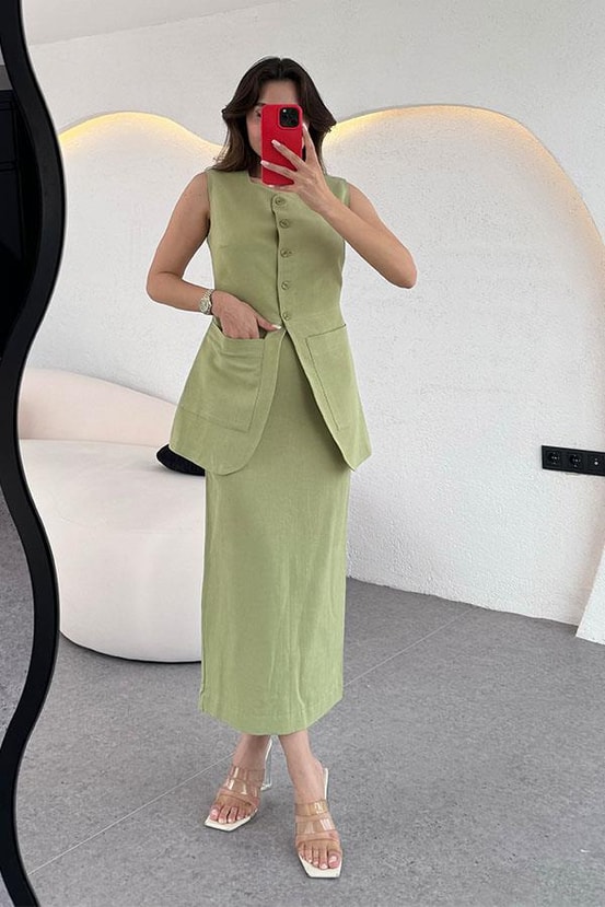 Tricia Premium Etekli Keten Takım-Yağ Yeşil