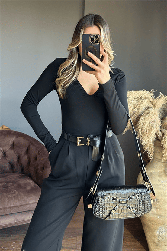 V yaka siyah bodysuit