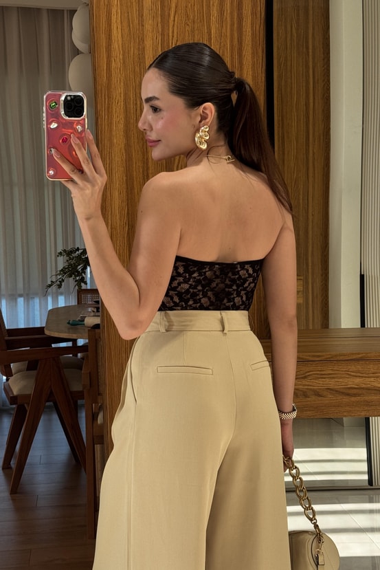 Velira Siyah Straplez Dantel Bodysuit 