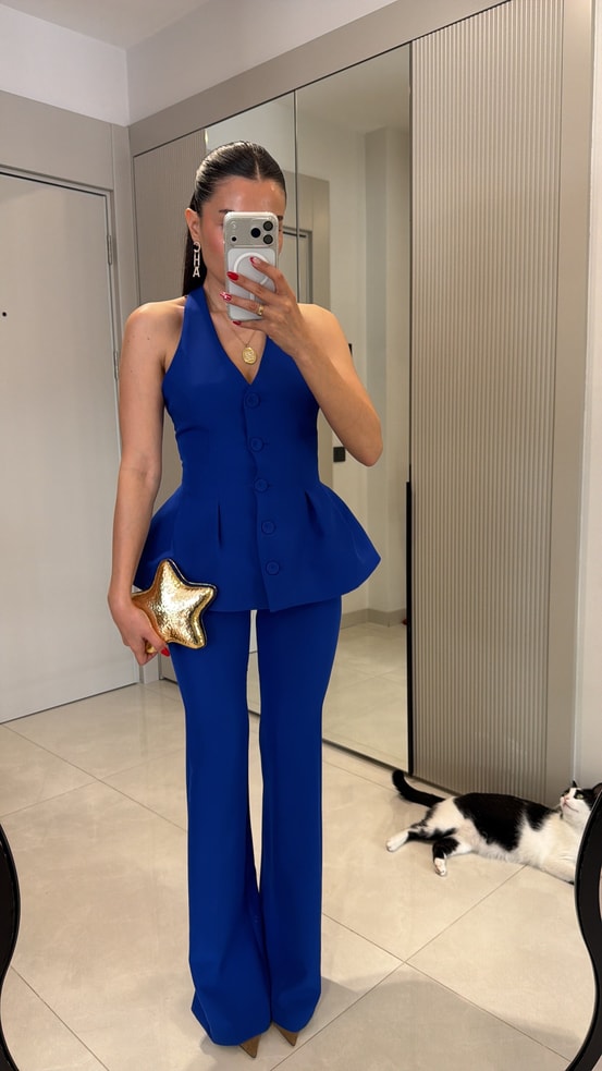 Velora Saks Mavi Premium Yelekli Takım