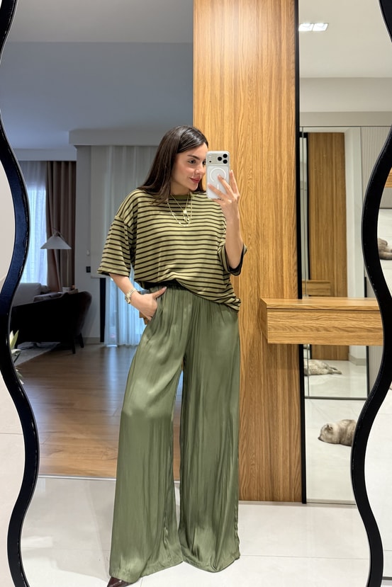 Vespera Haki Kırışık Model Saten Pantolon