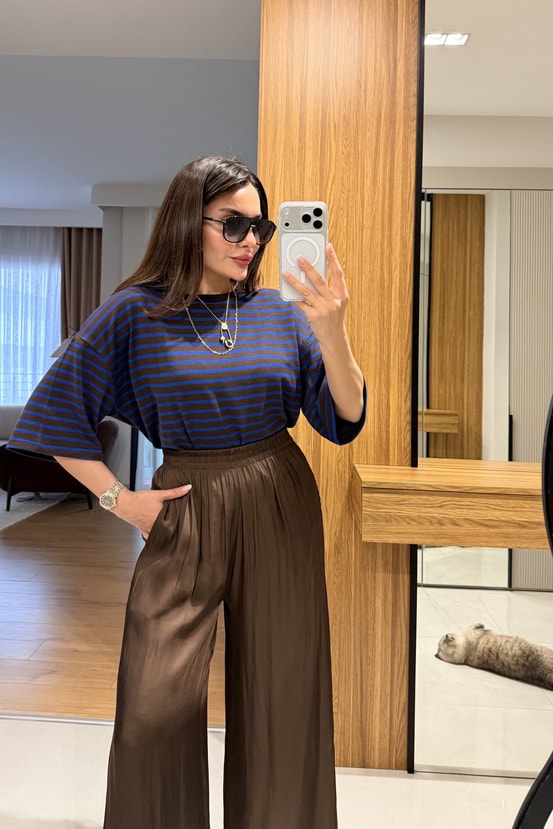 Vespera Mavi Çizgili Oversize Tshirt