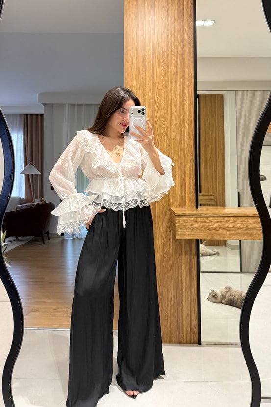 Vespera Siyah Kırışık Model Saten Pantolon