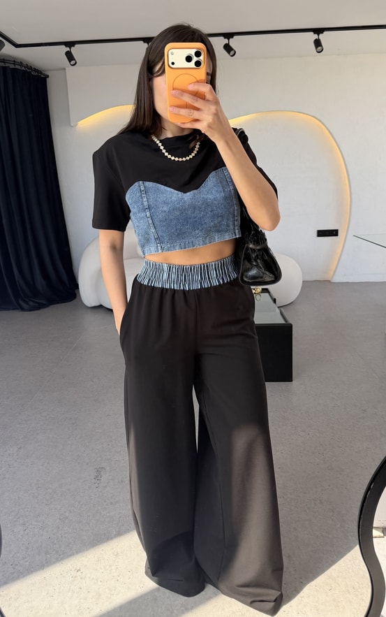 Vestiny Siyah Denim Detaylı Takım