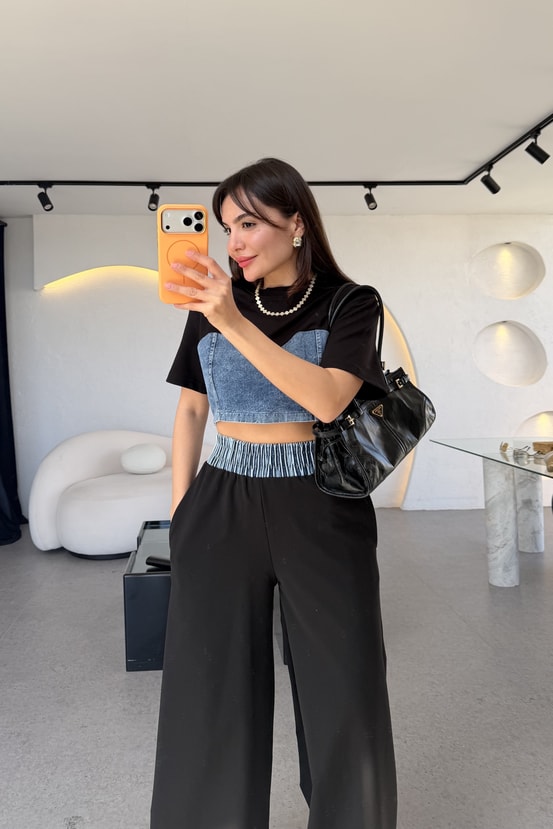 Vestiny Siyah Denim Detaylı Takım