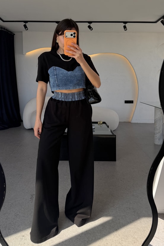 Vestiny Siyah Denim Detaylı Takım