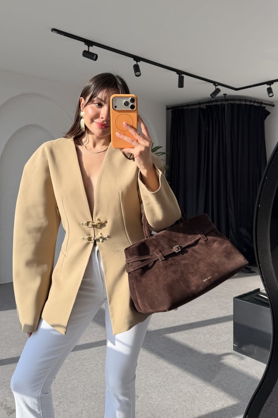 Viero Bej Gold Tokalı Modern Blazer Ceket
