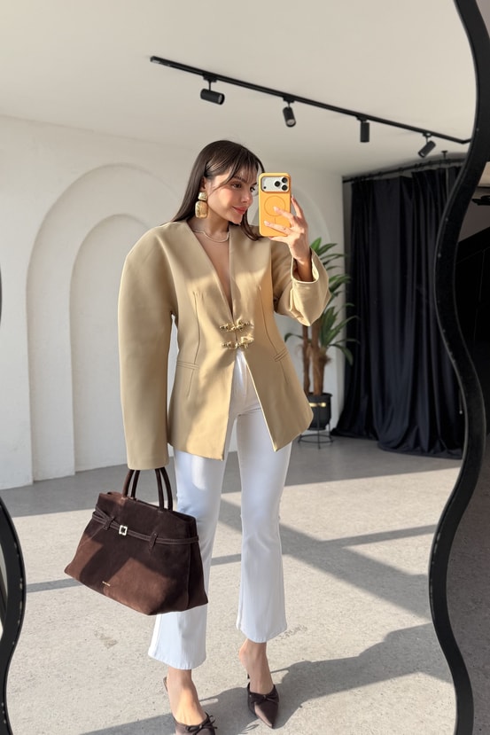Viero Bej Gold Tokalı Modern Blazer Ceket