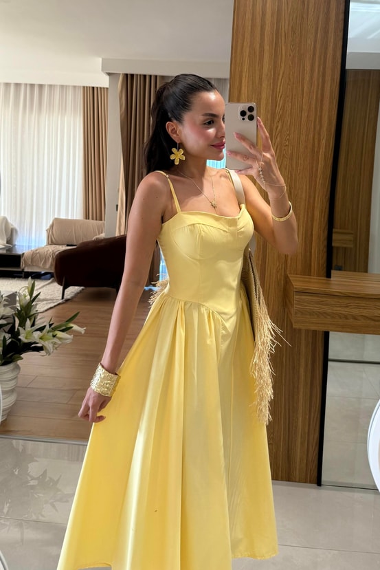 Virel Sarı Askılı Poplin Elbise