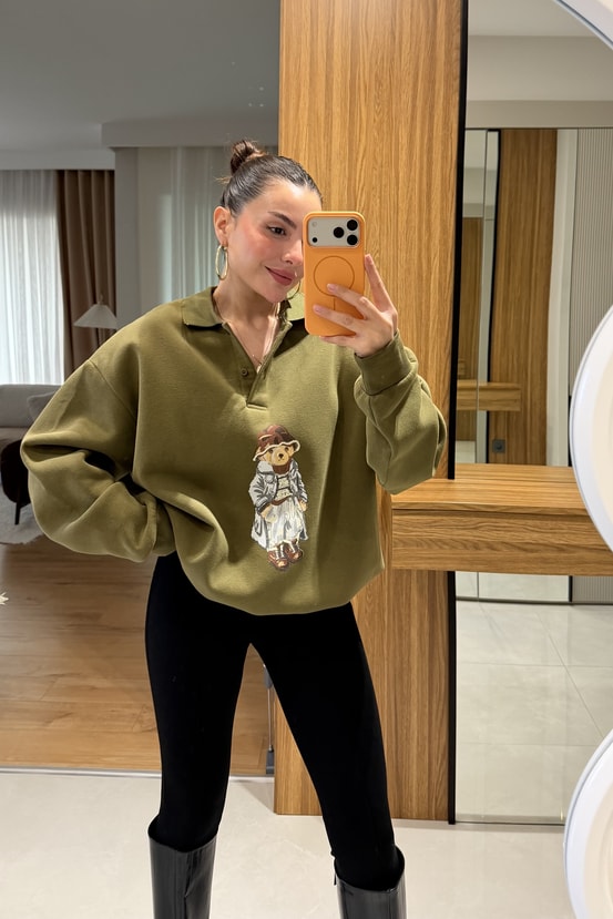 Wallet Haki Ayı Baskılı Şardonlu Sweatshirt