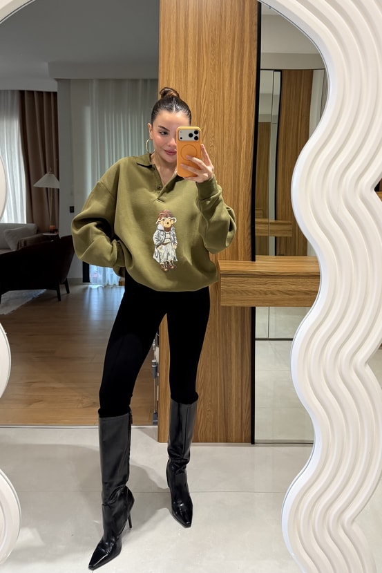 Wallet Haki Ayı Baskılı Şardonlu Sweatshirt