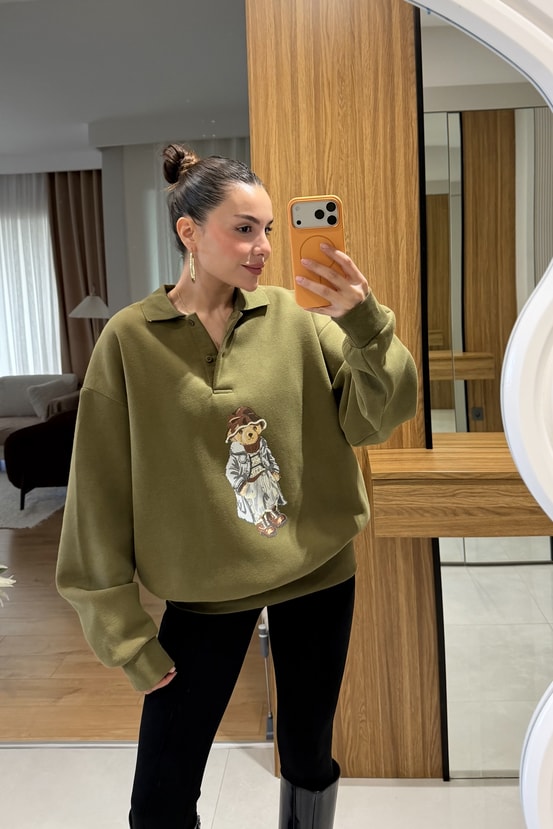 Wallet Haki Ayı Baskılı Şardonlu Sweatshirt