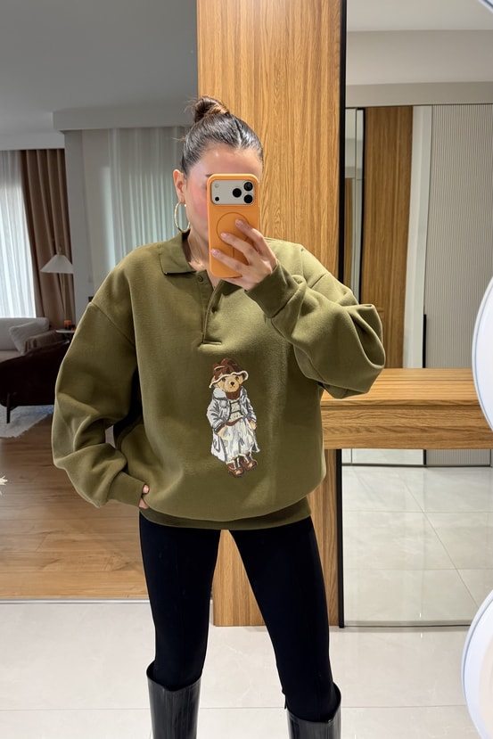 Wallet Haki Ayı Baskılı Şardonlu Sweatshirt