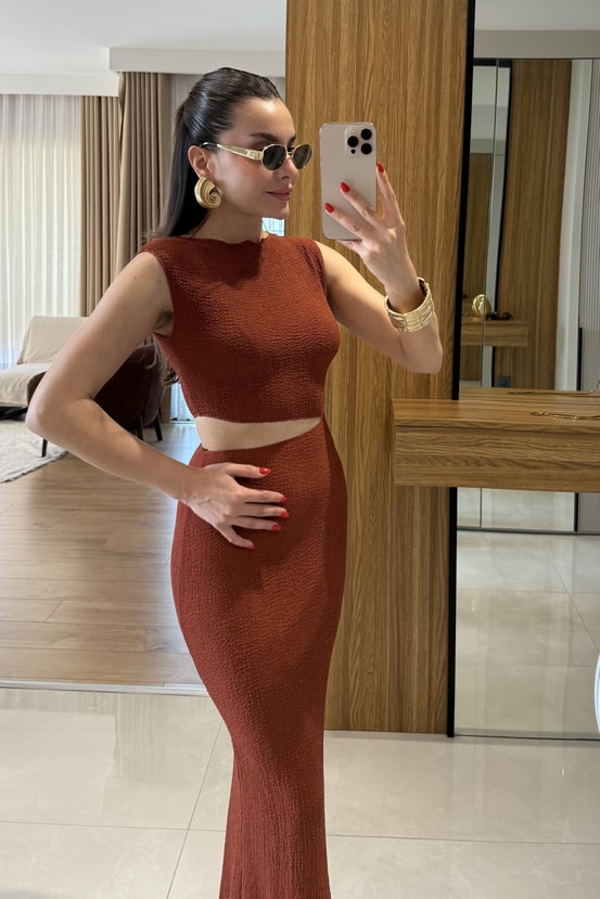 Walnet Kiremit Bel Dekolteli Elbise