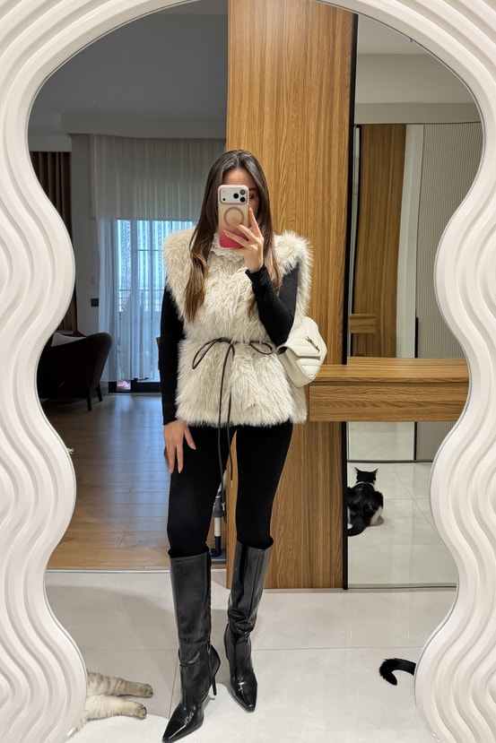 Wanda Bej Kemerli Süveter Kürk