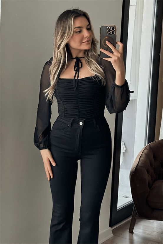 Wispy siyah drapeli tül bluz