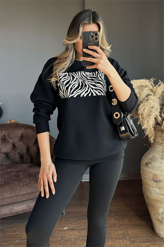 Zebra baskılı siyah sweat