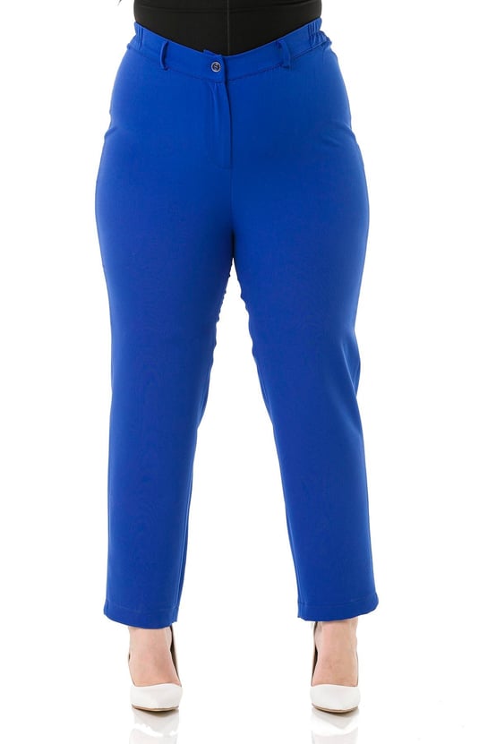 Plus Size İndigo Trousers with Elastic Waist Sides Zippered Leg Slits