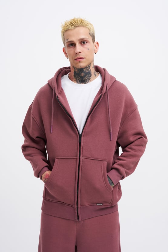 Erkek Basic Fermuarlı Cepli Kapüşonlu Oversize Mürdüm Sweatshirt
