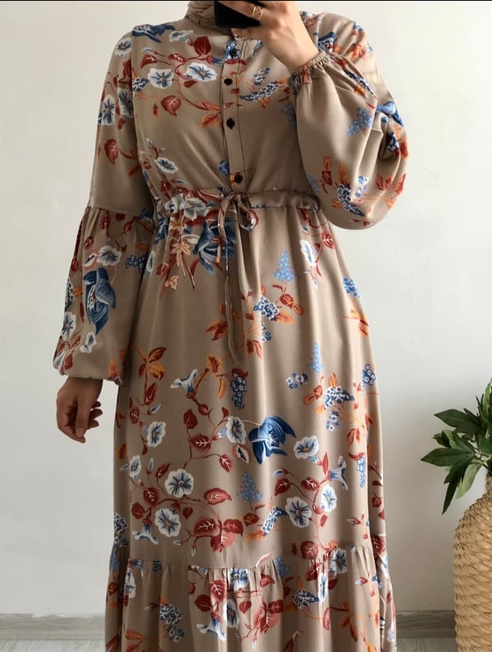 FEMİNEN MODA9885 PAMUK VİSKON BELİ BÜZGÜLÜ ELBİSE