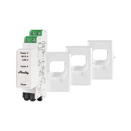 Shelly Pro 3EM-400A üç faz akıllı enerji ölçer ve akım trafosu seti ürün görünümü