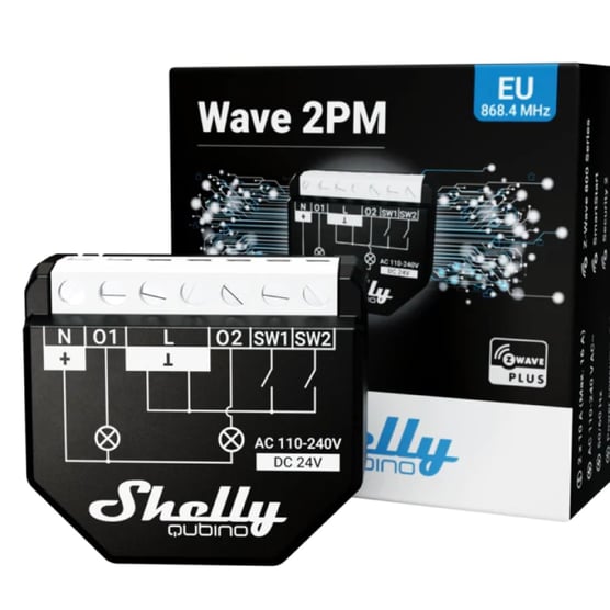 Shelly Wave 2PM Z-Wave iki kanallı enerji ölçümlü akıllı röle ve ürün kutusu