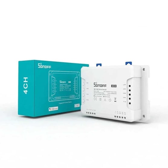 SONOFF 4CHR3 Wi-Fi 4 kanallı akıllı röle kutu ve ürün görseli