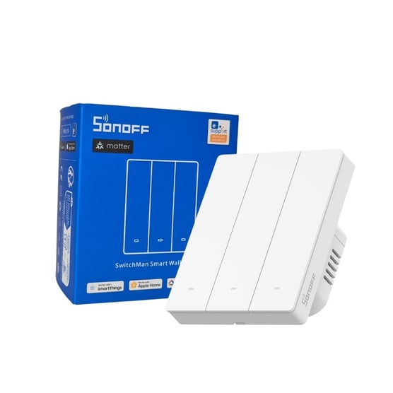 SONOFF M5-3C-80W Matter üç kanallı akıllı duvar anahtarı ve ürün kutusu