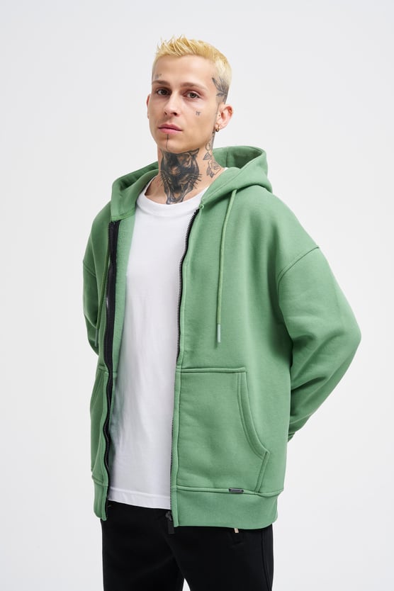 Erkek Basic Fermuarlı Cepli Kapüşonlu Oversize Su Yeşili Sweatshirt