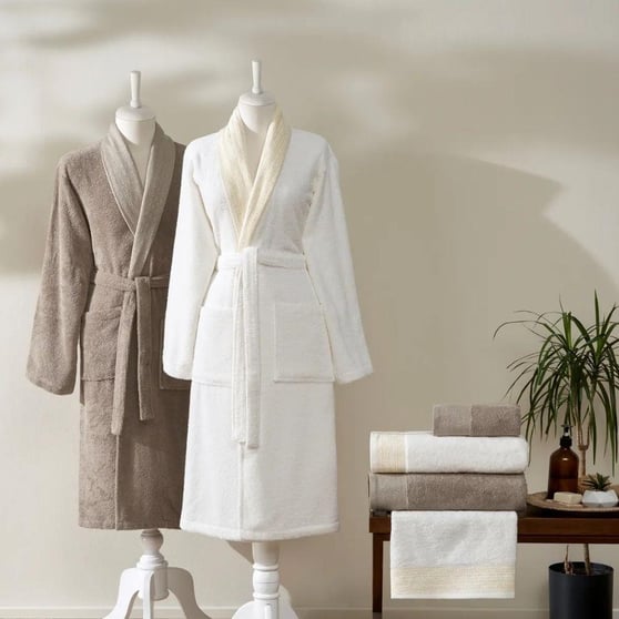 Taç Zen Pure Cotton Pamuk Aile Bornoz Seti Ekru Bej