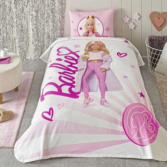 Taç Lisanslı Barbie Light Tek Kişilik Pamuk Pike Takımı