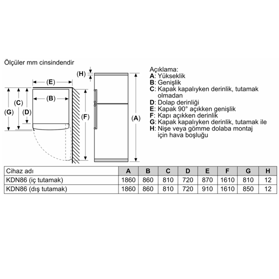 Profilo BD2086WEXN E Enerji Sınıfı 687L 186/86/80  Üstten Donduruculu NoFrost Buzdolabı Beyaz