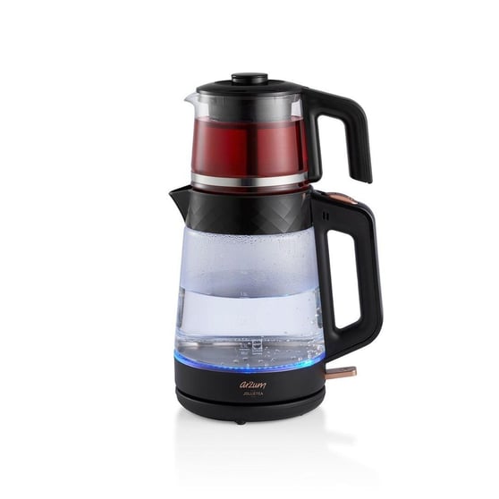 Arzum AR3101 Gusto Cam Demlikli Çay Makinesi Siyah (2 L Su Isıtıcı + 0.9 L Demlik)