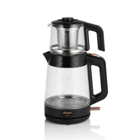 Arzum AR3101 Gusto Cam Demlikli Çay Makinesi Siyah (2 L Su Isıtıcı + 0.9 L Demlik)