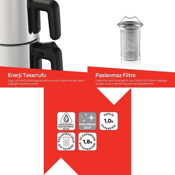 Arzum AR3158-0600 Neosteel 1800 W Paslanmaz Çelik Çay Makinesi