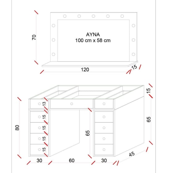 ASL55 Hollywood Işıklı Geniş Aynalı Makyaj Masası 120 cm
