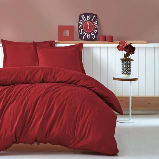 Çift Kişilik Nevresim Cotton box Cotton Box Elegant Stripe Bordo %100 Pamuk Saten Nevresim Takımı 200x220 Çift Kişilik