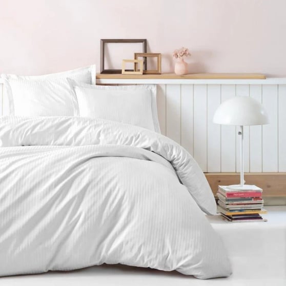 Çift Kişilik Nevresim Cotton box Cotton Box Elegant Stripe Çift Kişilik Saten Nevresim Takımı Beyaz