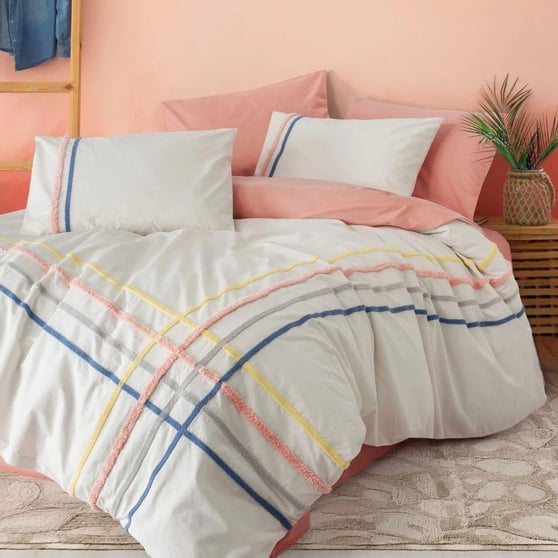 Cotton Box Puff Nakışlı Nevresim Takımı Linea Somon Çift Kişilik %100 Pamuk
