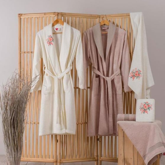 Cotton Box 3D Nakışlı Bambu Lenora Ekru-Cappuccino Aile Seti 